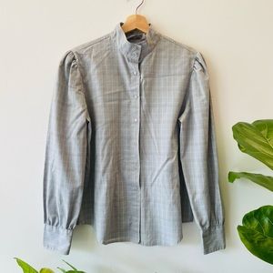 Vintage Blouse Top Button Down Puffed Sleeves Grey Gray Plaid M 1970s 70s